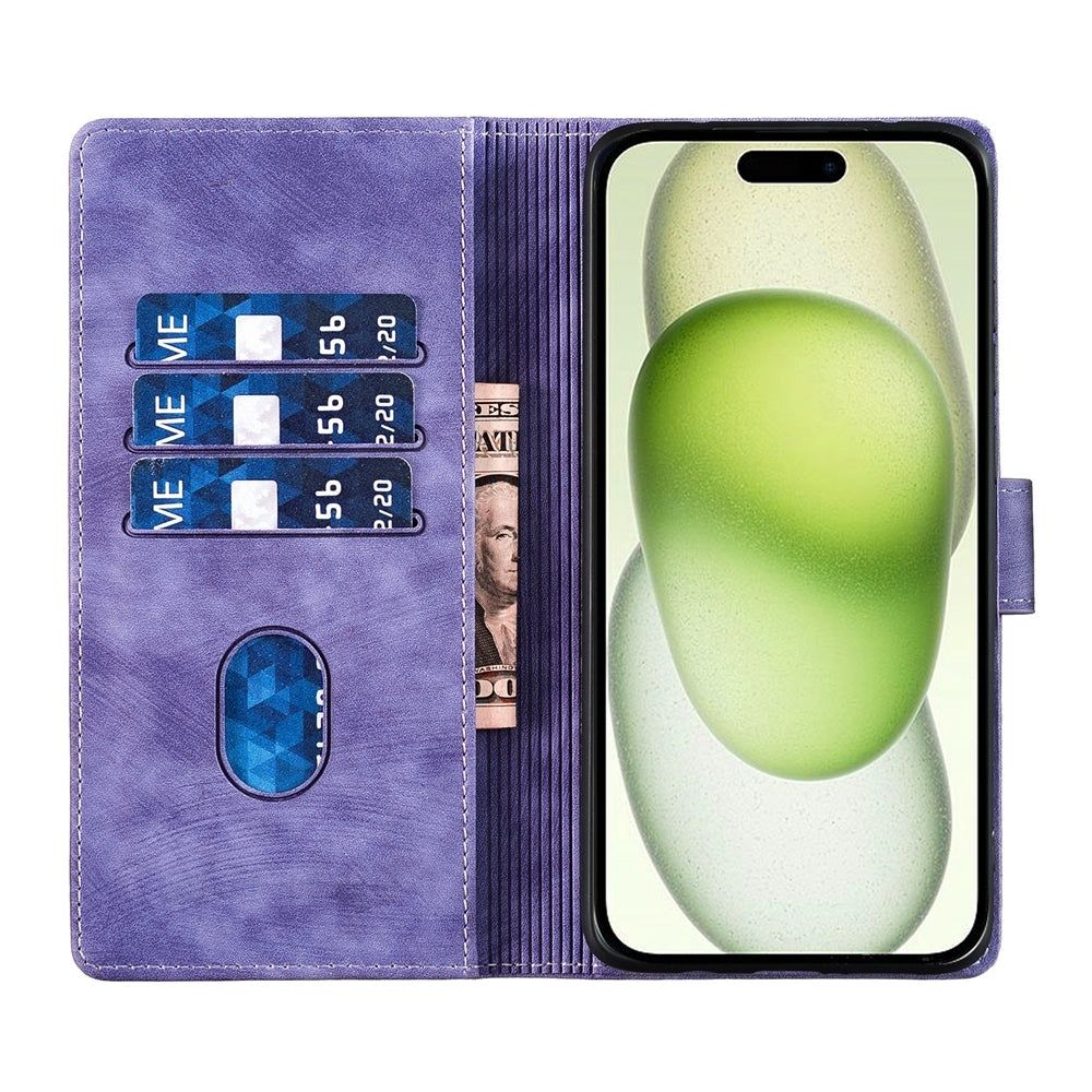 ELECTROPRIME For iPhone 15 Pen Heart Cat Embossed Leather Phone Case(Purple)