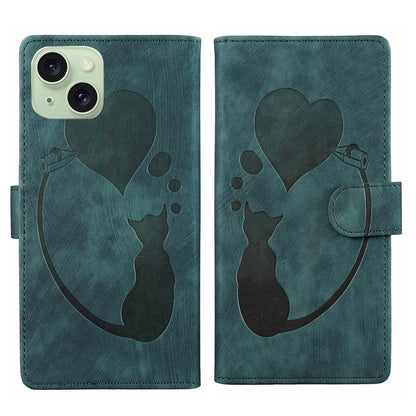 ELECTROPRIME For iPhone 15 Pen Heart Cat Embossed Leather Phone Case(Green)