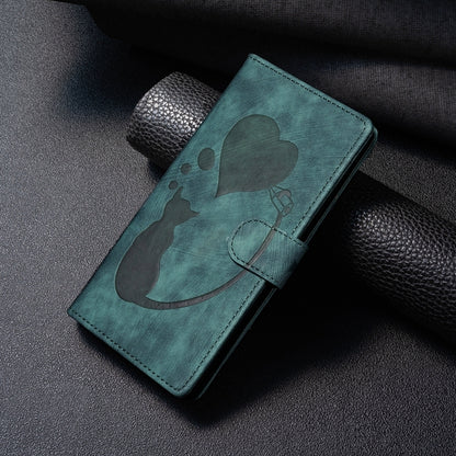 ELECTROPRIME For iPhone 15 Pen Heart Cat Embossed Leather Phone Case(Green)