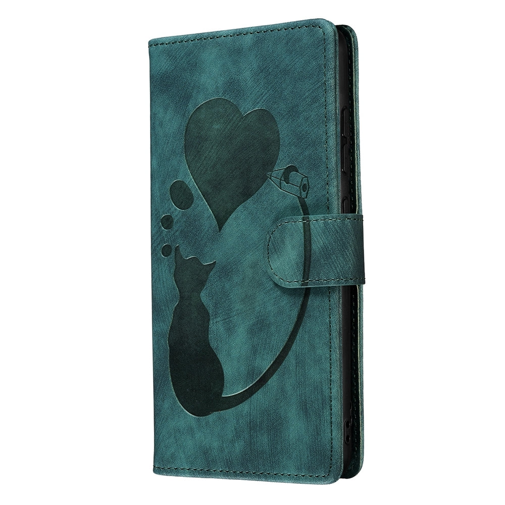 ELECTROPRIME For iPhone 15 Pen Heart Cat Embossed Leather Phone Case(Green)