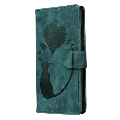 ELECTROPRIME For iPhone 15 Pen Heart Cat Embossed Leather Phone Case(Green)