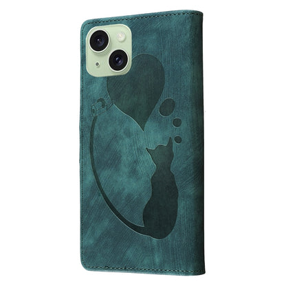 ELECTROPRIME For iPhone 15 Pen Heart Cat Embossed Leather Phone Case(Green)