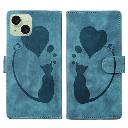 ELECTROPRIME For iPhone 15 Pen Heart Cat Embossed Leather Phone Case(Blue)