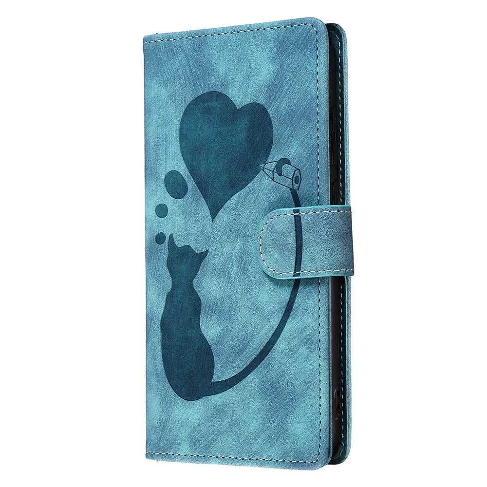 ELECTROPRIME For iPhone 15 Pen Heart Cat Embossed Leather Phone Case(Blue)