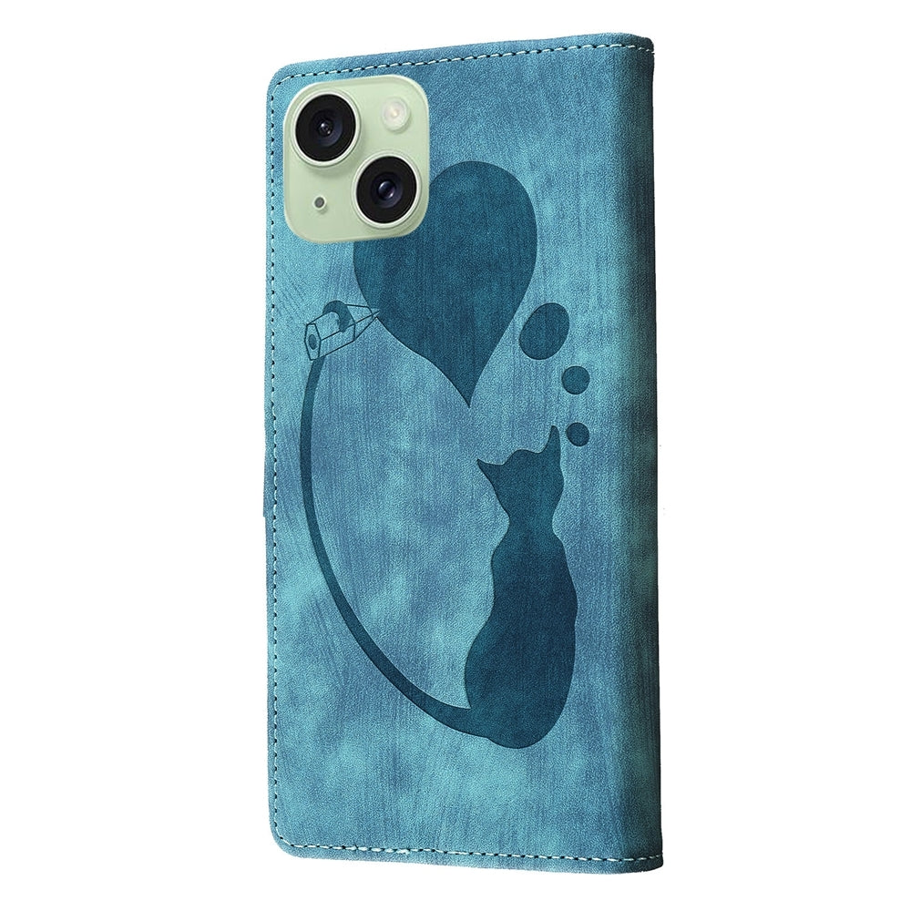 ELECTROPRIME For iPhone 15 Pen Heart Cat Embossed Leather Phone Case(Blue)