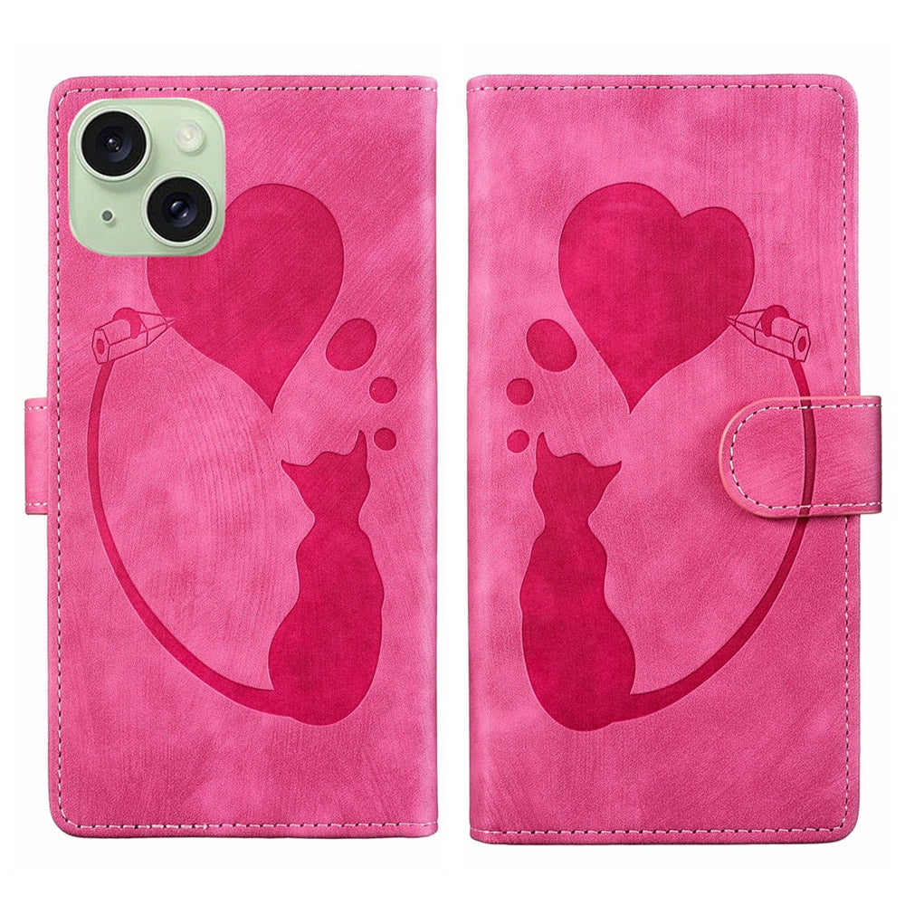 ELECTROPRIME For iPhone 15 Pen Heart Cat Embossed Leather Phone Case(Pink)