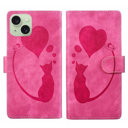 ELECTROPRIME For iPhone 15 Pen Heart Cat Embossed Leather Phone Case(Pink)