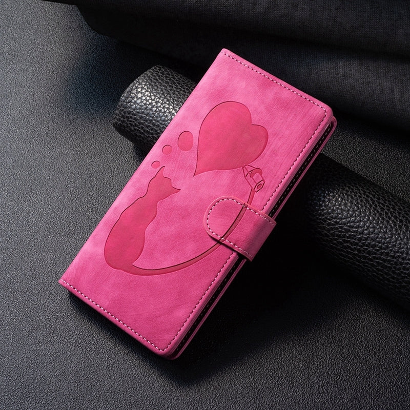ELECTROPRIME For iPhone 15 Pen Heart Cat Embossed Leather Phone Case(Pink)