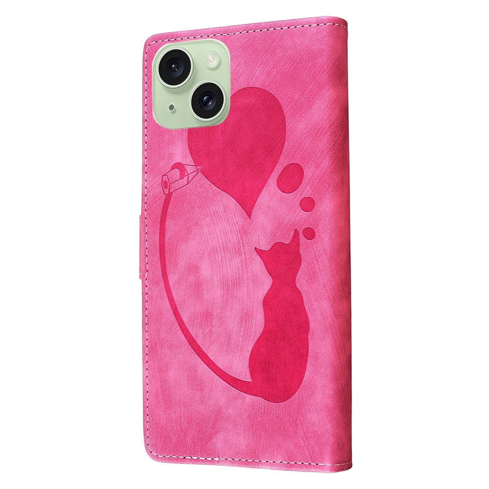 ELECTROPRIME For iPhone 15 Pen Heart Cat Embossed Leather Phone Case(Pink)