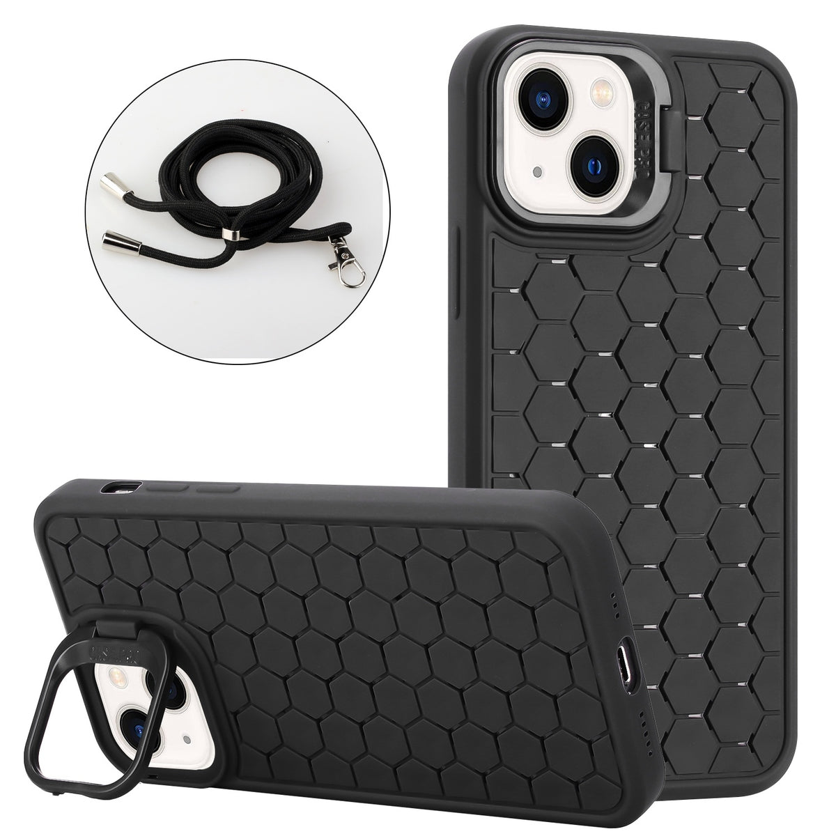 ELECTROPRIME For iPhone 15 Honeycomb Radiating Holder TPU Phone Case with Lanyard(Black)