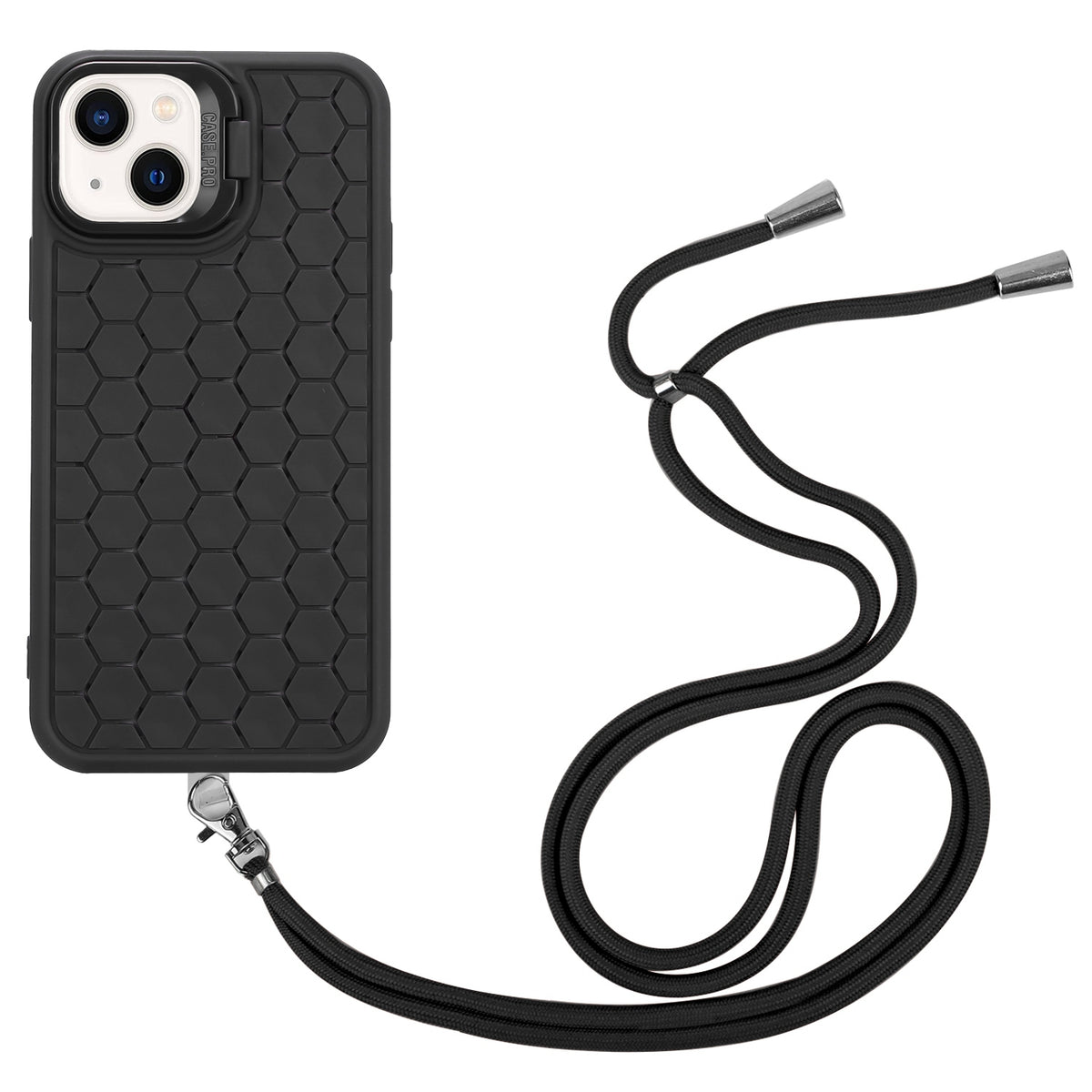 ELECTROPRIME For iPhone 15 Honeycomb Radiating Holder TPU Phone Case with Lanyard(Black)