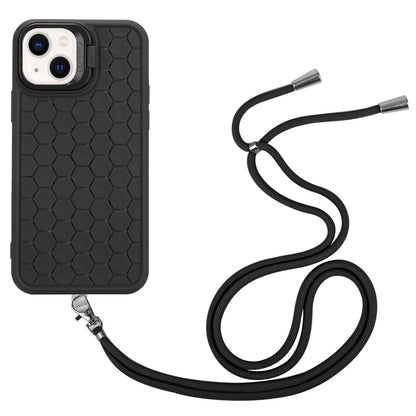 ELECTROPRIME For iPhone 15 Honeycomb Radiating Holder TPU Phone Case with Lanyard(Black)