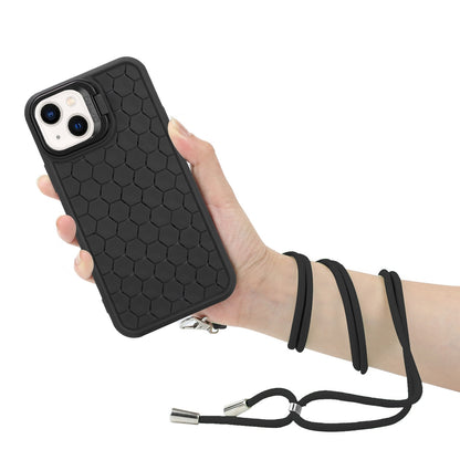 ELECTROPRIME For iPhone 15 Honeycomb Radiating Holder TPU Phone Case with Lanyard(Black)