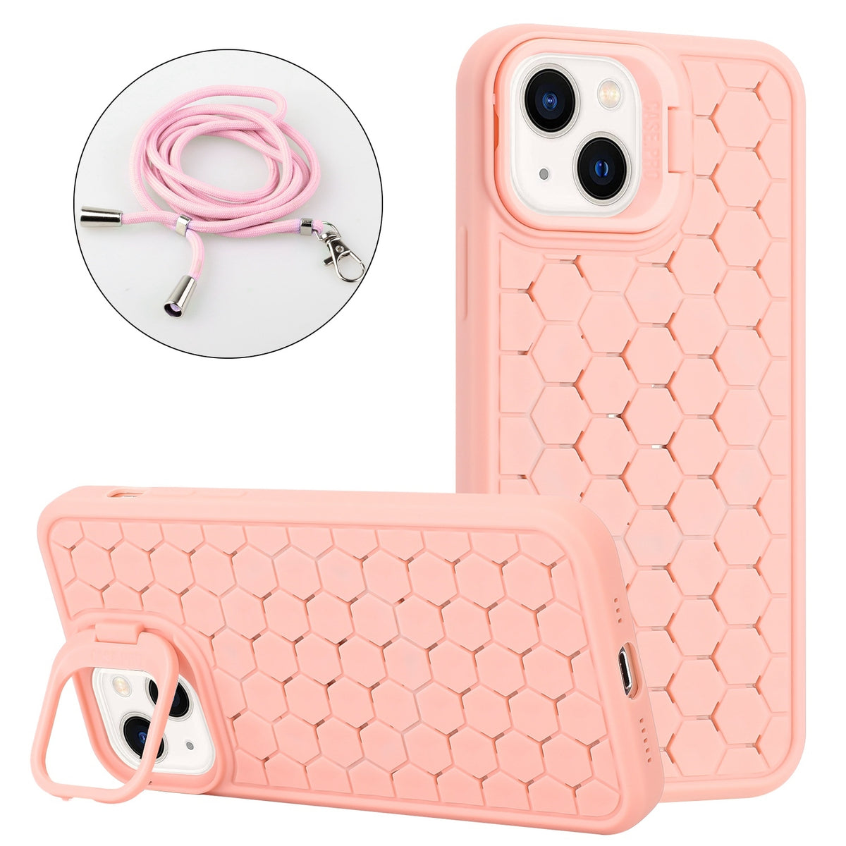 ELECTROPRIME For iPhone 15 Honeycomb Radiating Holder TPU Phone Case with Lanyard(Pink)