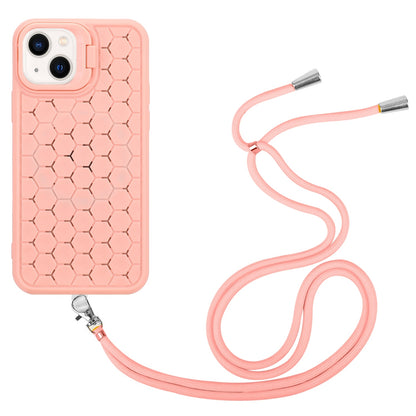 ELECTROPRIME For iPhone 15 Honeycomb Radiating Holder TPU Phone Case with Lanyard(Pink)