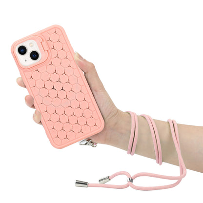 ELECTROPRIME For iPhone 15 Honeycomb Radiating Holder TPU Phone Case with Lanyard(Pink)