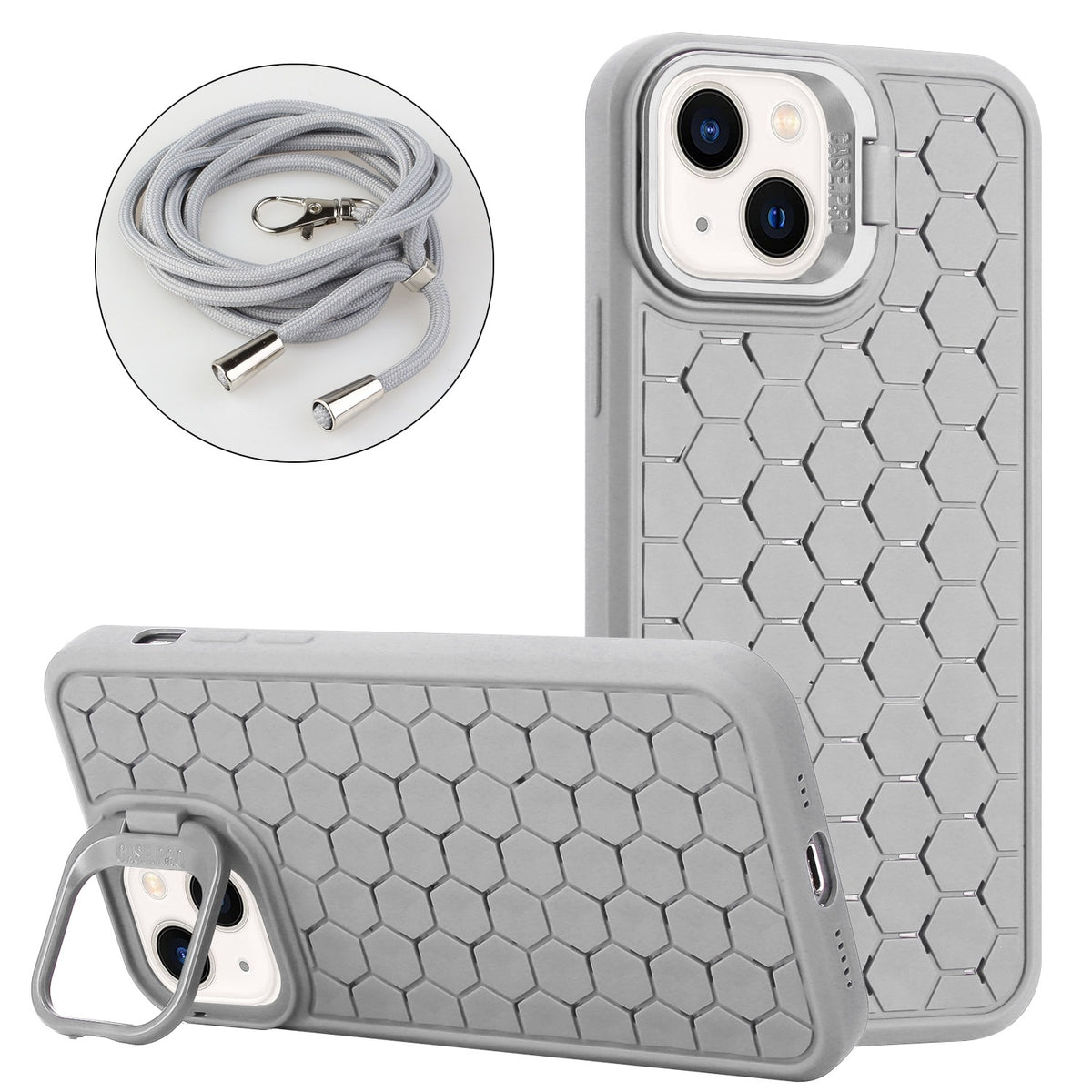 ELECTROPRIME For iPhone 15 Honeycomb Radiating Holder TPU Phone Case with Lanyard(Grey)
