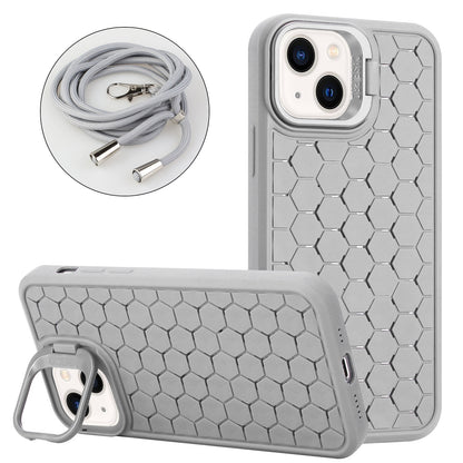 ELECTROPRIME For iPhone 15 Honeycomb Radiating Holder TPU Phone Case with Lanyard(Grey)