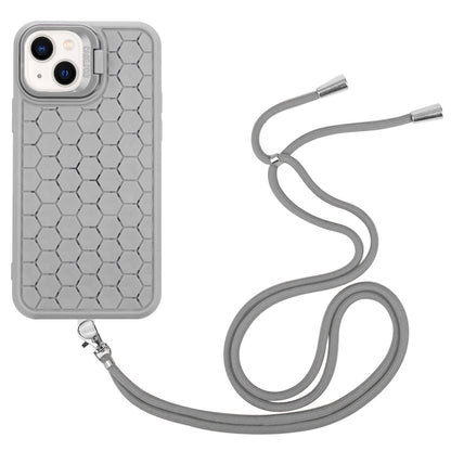 ELECTROPRIME For iPhone 15 Honeycomb Radiating Holder TPU Phone Case with Lanyard(Grey)