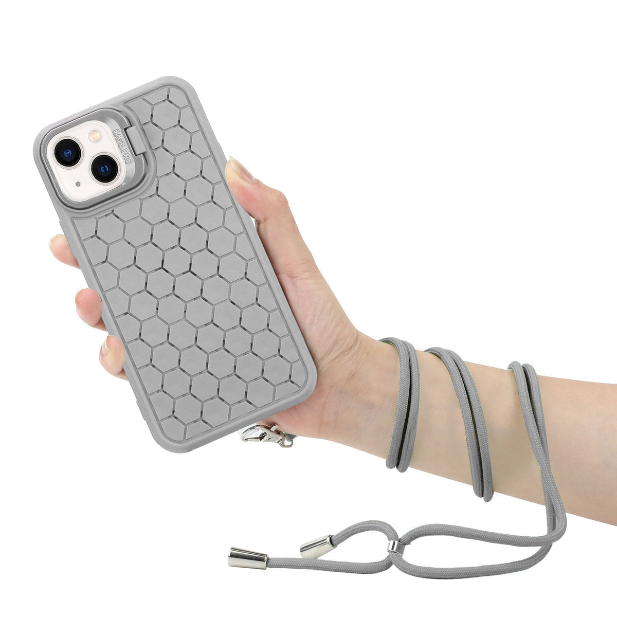 ELECTROPRIME For iPhone 15 Honeycomb Radiating Holder TPU Phone Case with Lanyard(Grey)