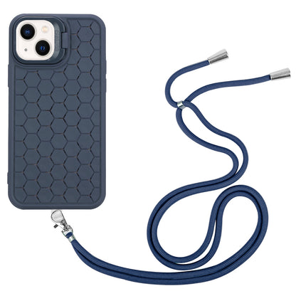ELECTROPRIME For iPhone 15 Honeycomb Radiating Holder TPU Phone Case with Lanyard(Blue)