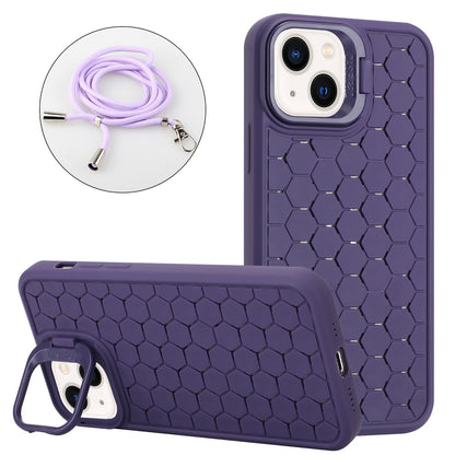 ELECTROPRIME For iPhone 15 Honeycomb Radiating Holder TPU Phone Case with Lanyard(Purple)