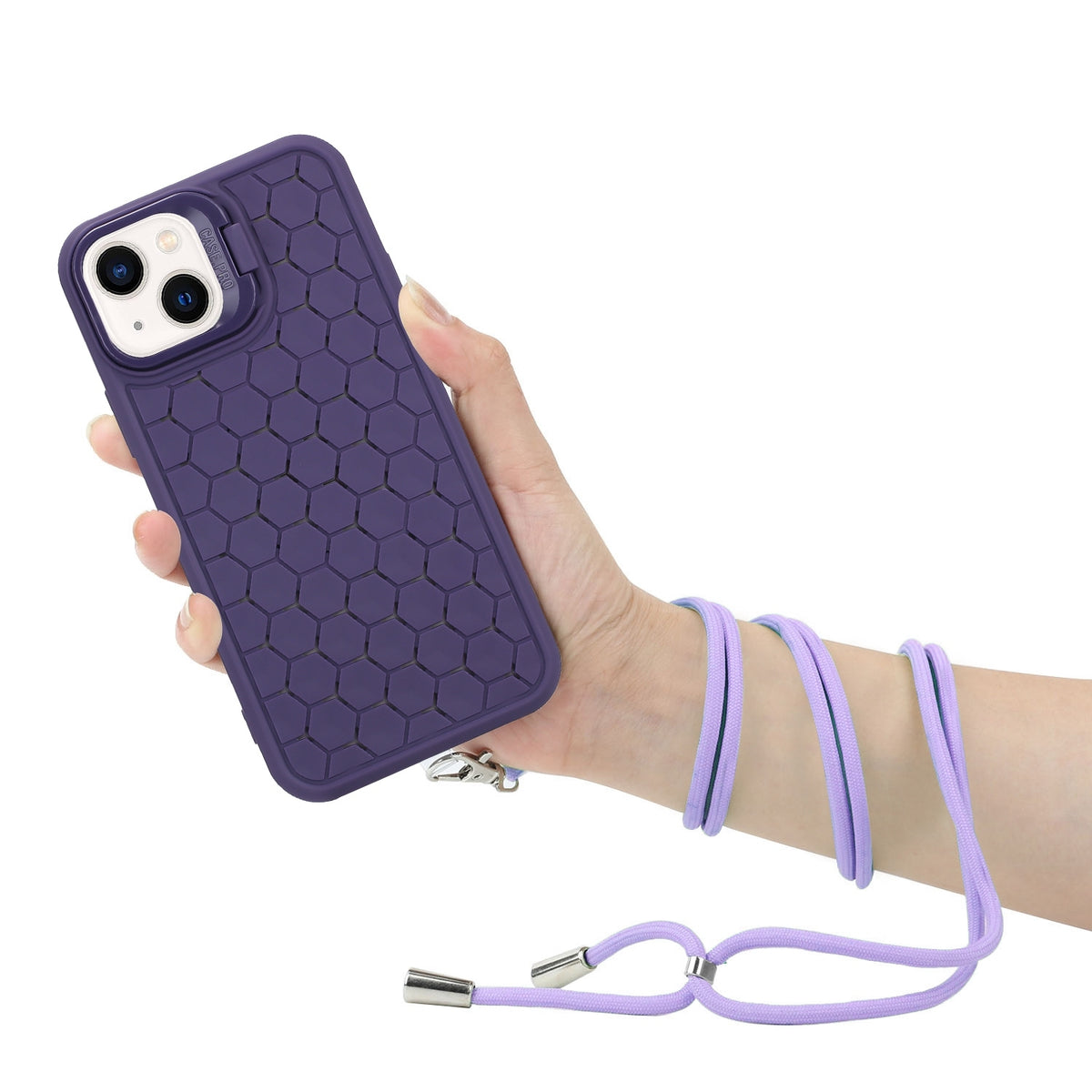 ELECTROPRIME For iPhone 15 Honeycomb Radiating Holder TPU Phone Case with Lanyard(Purple)