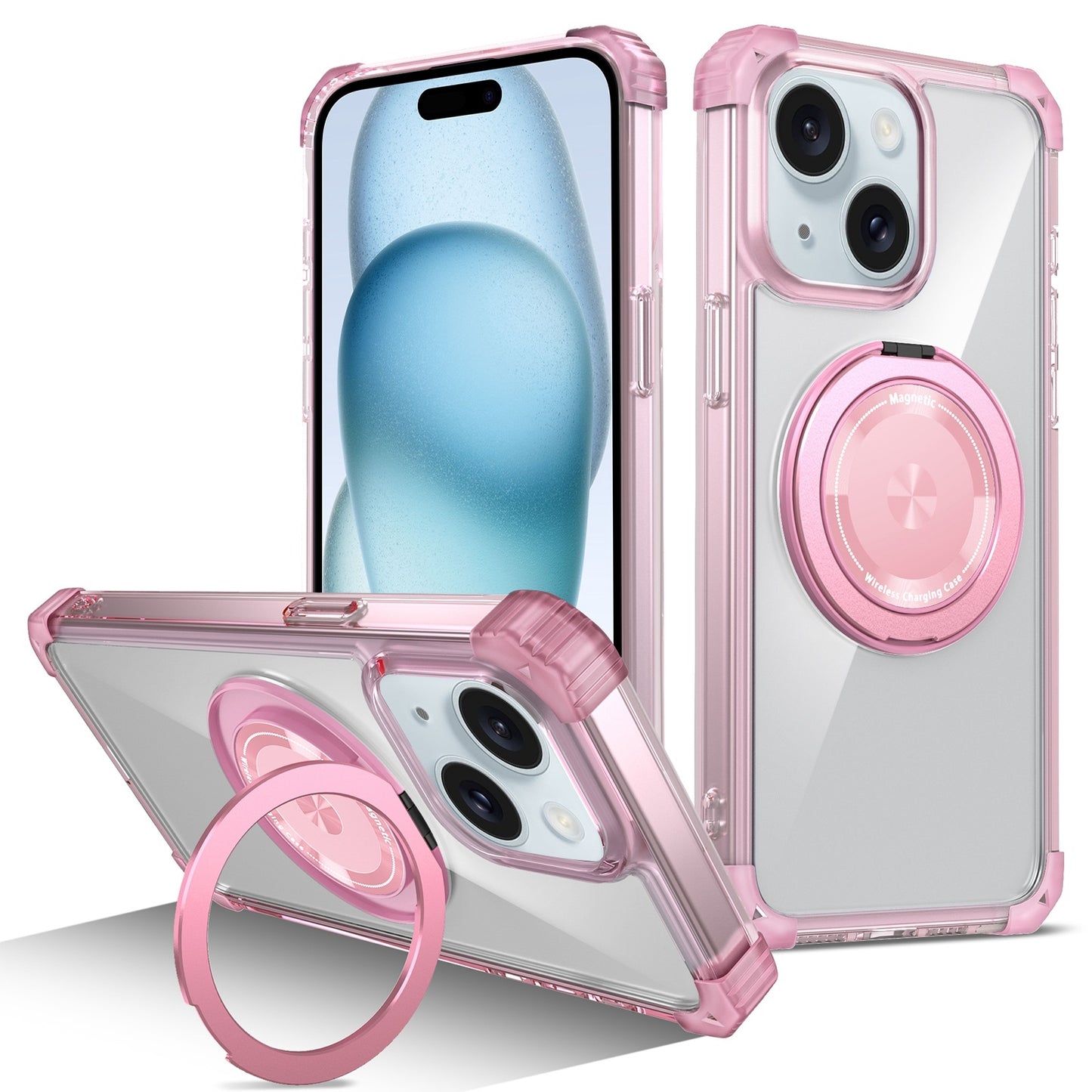 ELECTROPRIME For iPhone 15 Gold Shield CD Pattern MagSafe Magnetic Phone Case with Rotating Stand(Transparent Pink)