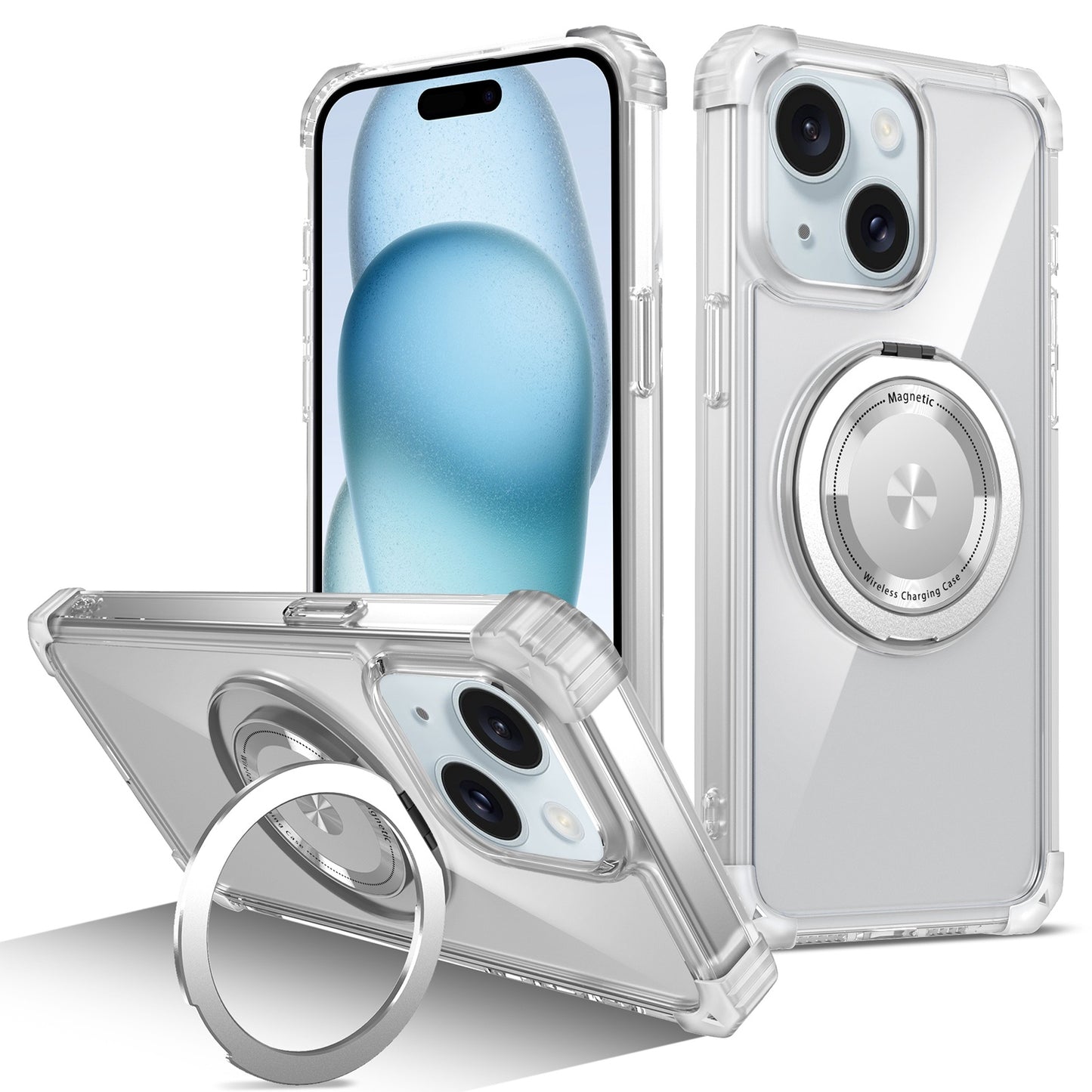 ELECTROPRIME For iPhone 15 Gold Shield CD Pattern MagSafe Magnetic Phone Case with Rotating Stand(Transparent)