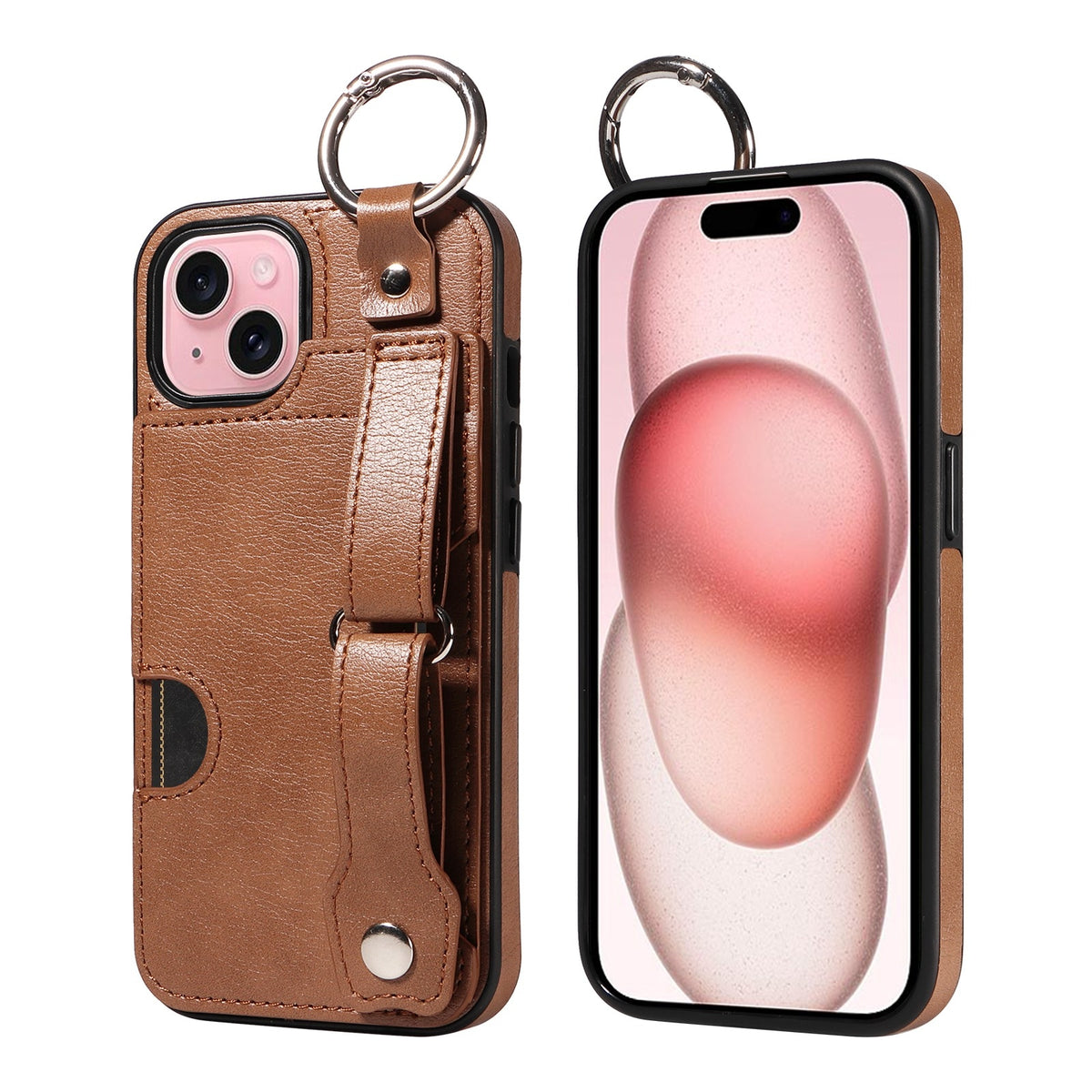 ELECTROPRIME For iPhone 15 Plus Calf Texture Wrist Card Slot Ring Phone Case(Brown)