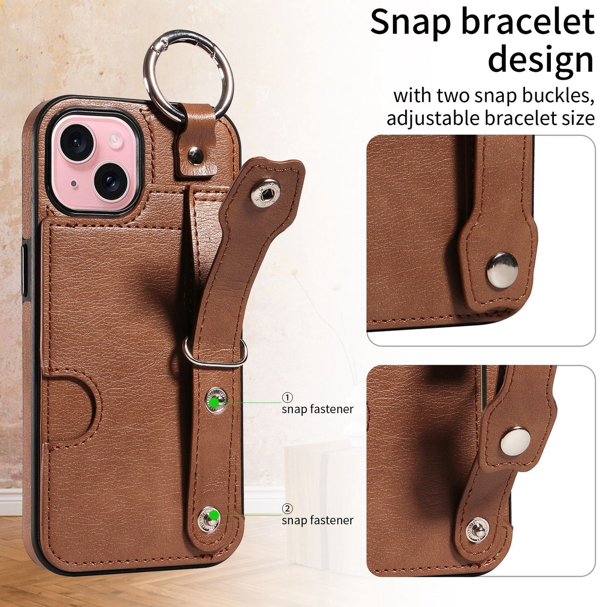 ELECTROPRIME For iPhone 15 Plus Calf Texture Wrist Card Slot Ring Phone Case(Brown)