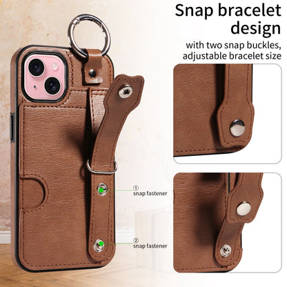 ELECTROPRIME For iPhone 15 Plus Calf Texture Wrist Card Slot Ring Phone Case(Brown)