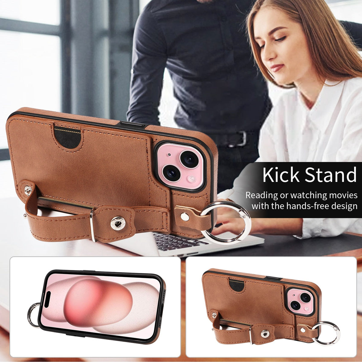 ELECTROPRIME For iPhone 15 Plus Calf Texture Wrist Card Slot Ring Phone Case(Brown)