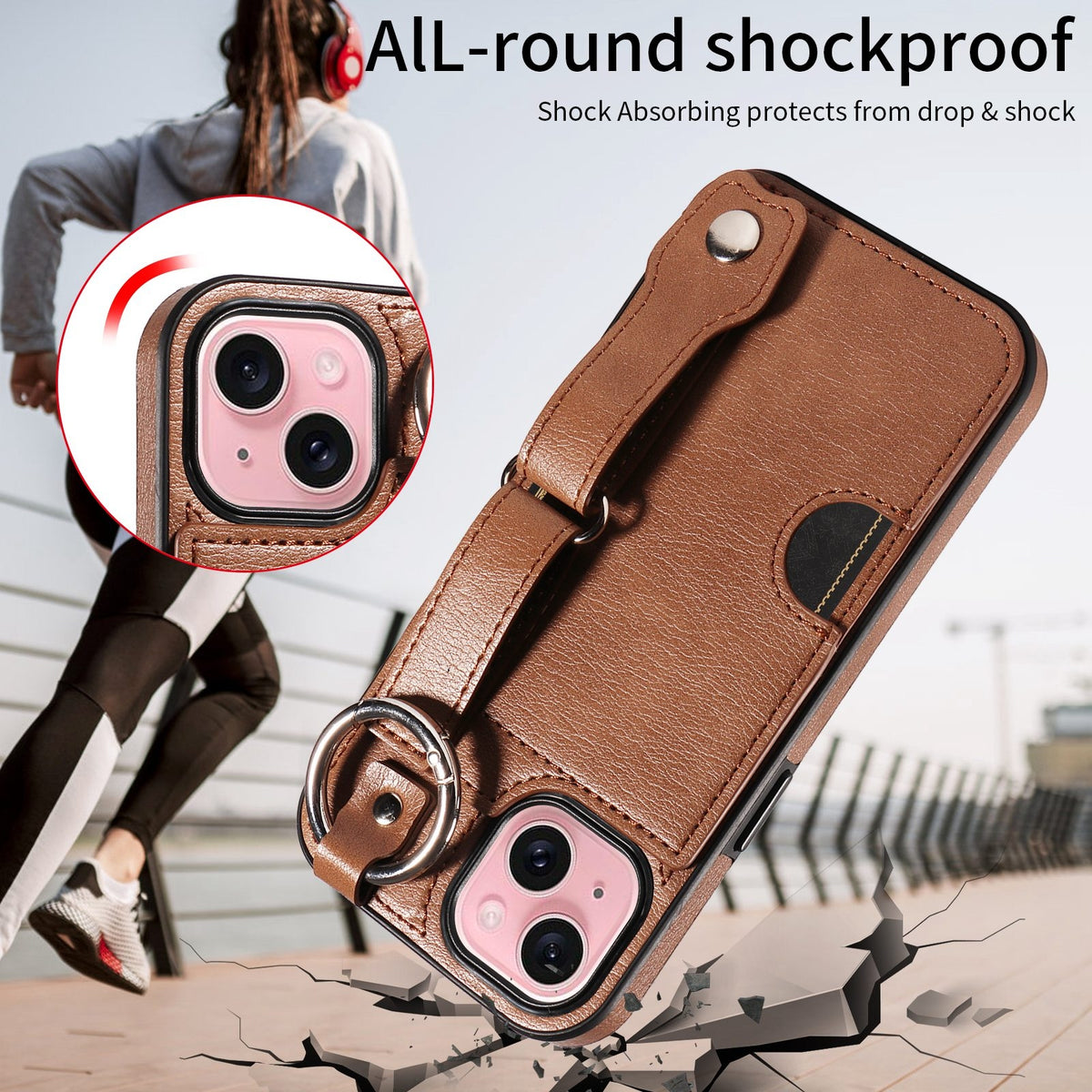 ELECTROPRIME For iPhone 15 Plus Calf Texture Wrist Card Slot Ring Phone Case(Brown)