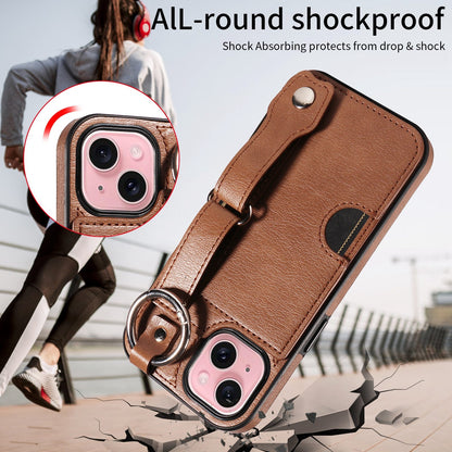 ELECTROPRIME For iPhone 15 Plus Calf Texture Wrist Card Slot Ring Phone Case(Brown)