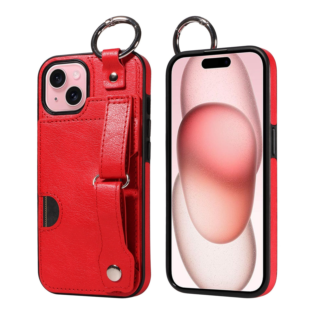 ELECTROPRIME For iPhone 15 Calf Texture Wrist Card Slot Ring Phone Case(Red)