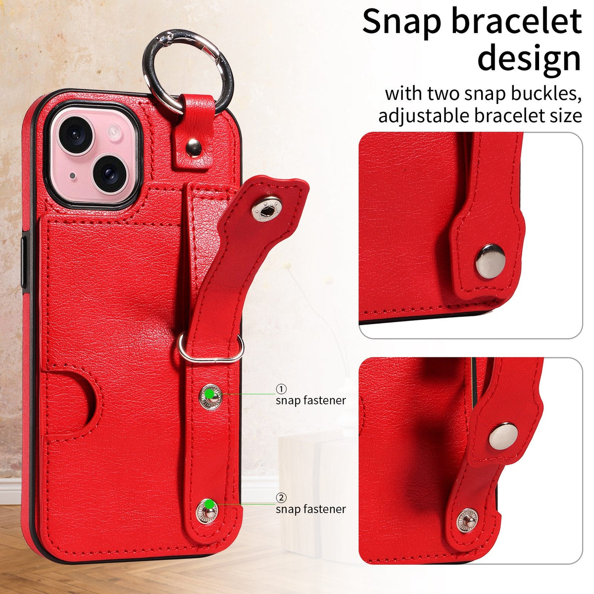 ELECTROPRIME For iPhone 15 Calf Texture Wrist Card Slot Ring Phone Case(Red)