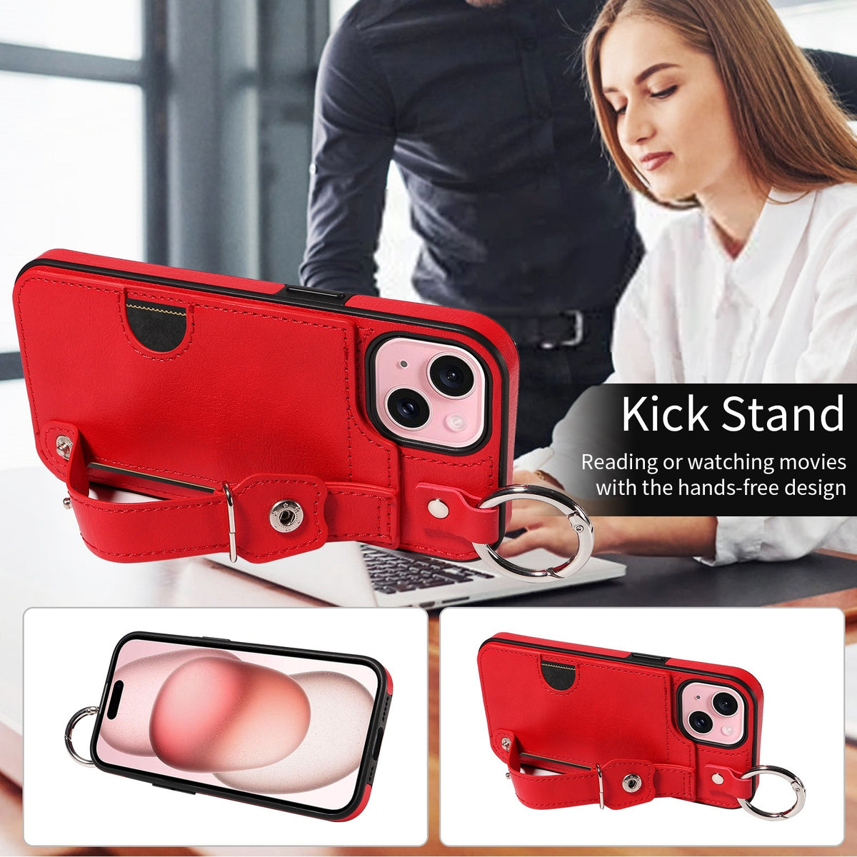 ELECTROPRIME For iPhone 15 Calf Texture Wrist Card Slot Ring Phone Case(Red)