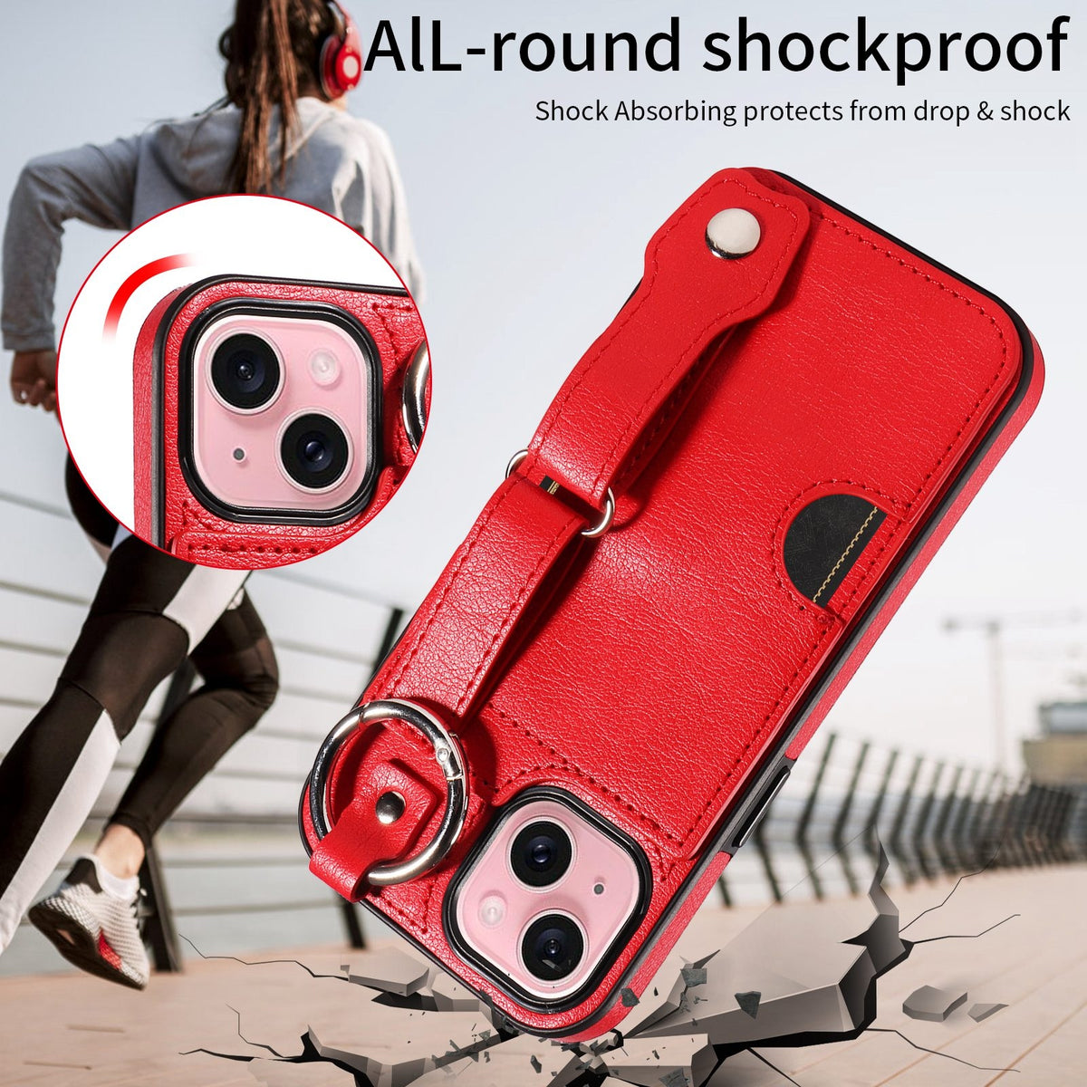 ELECTROPRIME For iPhone 15 Calf Texture Wrist Card Slot Ring Phone Case(Red)