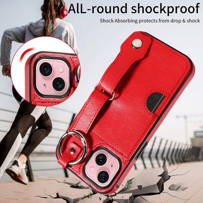 ELECTROPRIME For iPhone 15 Calf Texture Wrist Card Slot Ring Phone Case(Red)