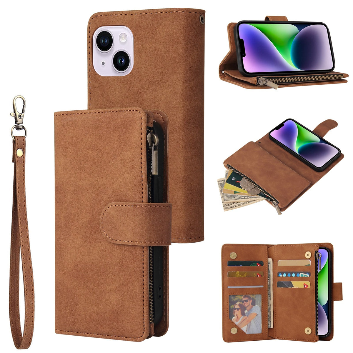ELECTROPRIME For iPhone 15 Plus Multifunctional Multi-Card Wallet Phone Leather Case(Brown)