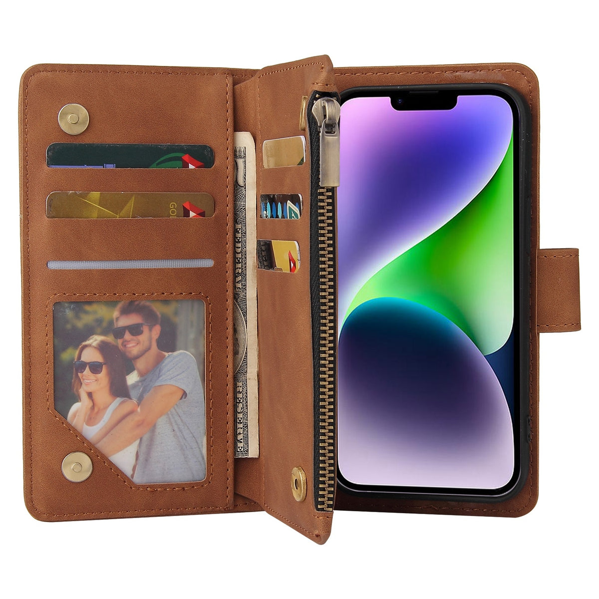 ELECTROPRIME For iPhone 15 Plus Multifunctional Multi-Card Wallet Phone Leather Case(Brown)