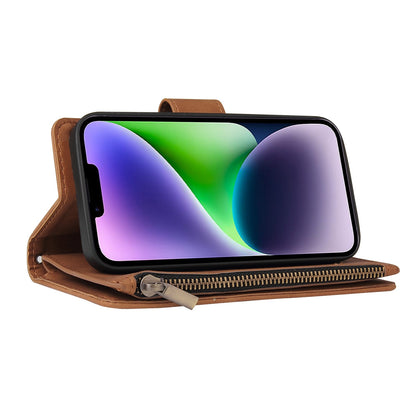 ELECTROPRIME For iPhone 15 Plus Multifunctional Multi-Card Wallet Phone Leather Case(Brown)