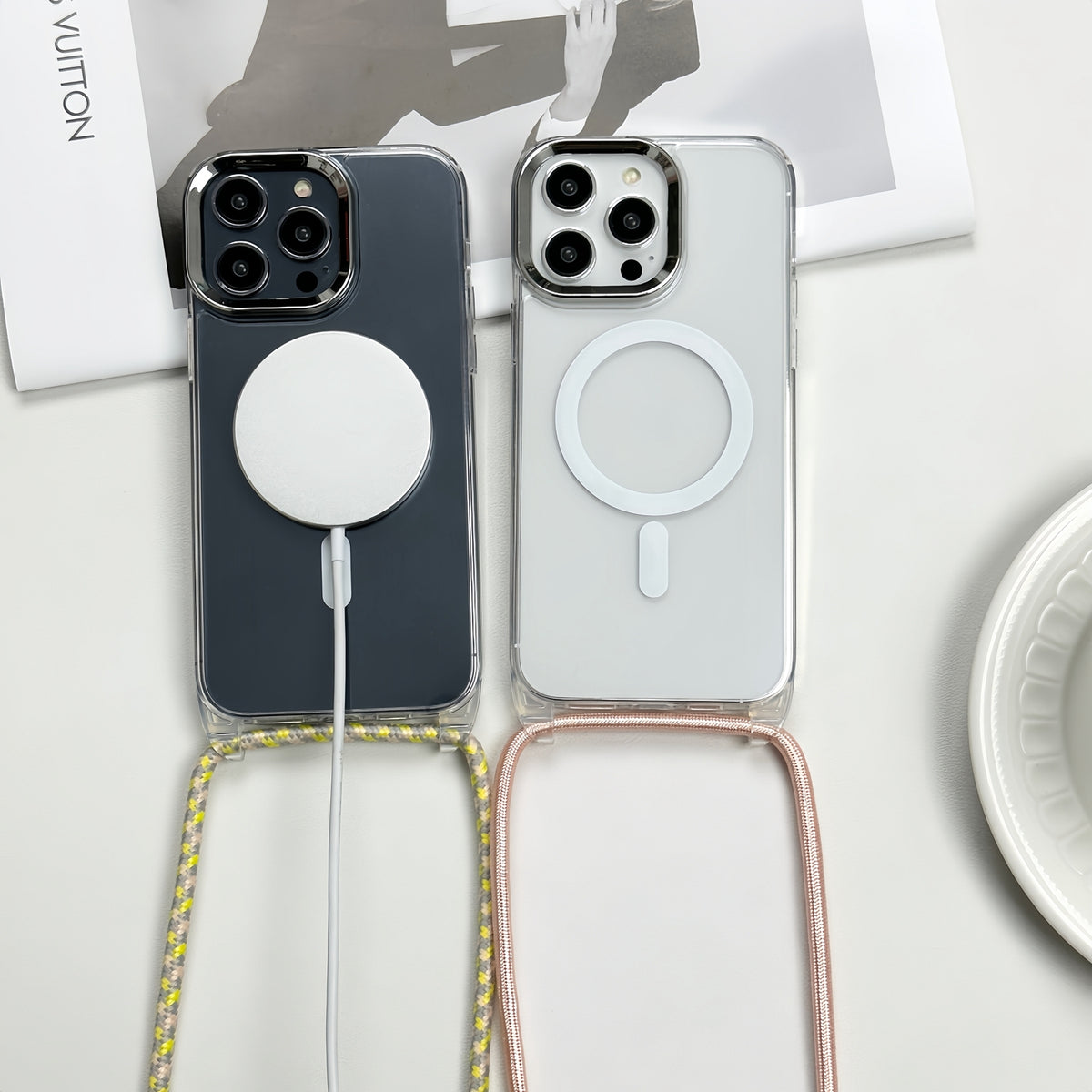 ELECTROPRIME For iPhone 15 Plus MagSafe Magnetic PC + TPU Phone Case with Lanyard(Creamy White)