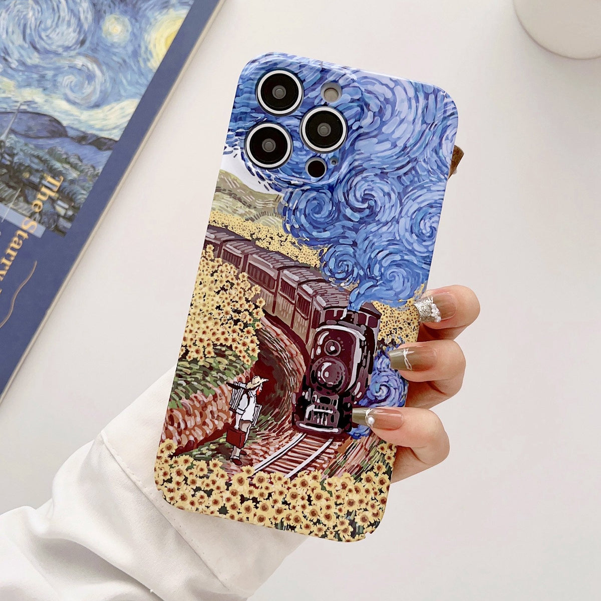 ELECTROPRIME For iPhone 15 Plus Precise Hole Oil Painting Glossy PC Phone Case(Train)