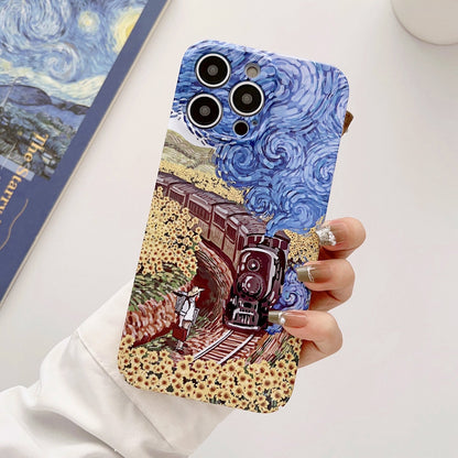 ELECTROPRIME For iPhone 15 Plus Precise Hole Oil Painting Glossy PC Phone Case(Train)