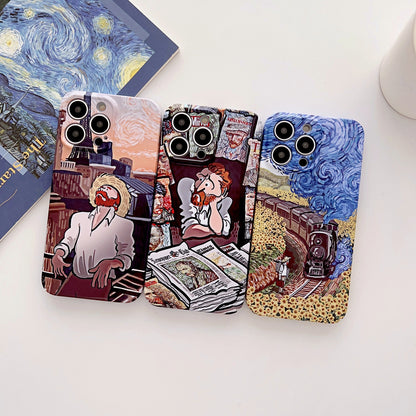 ELECTROPRIME For iPhone 15 Plus Precise Hole Oil Painting Glossy PC Phone Case(Train)