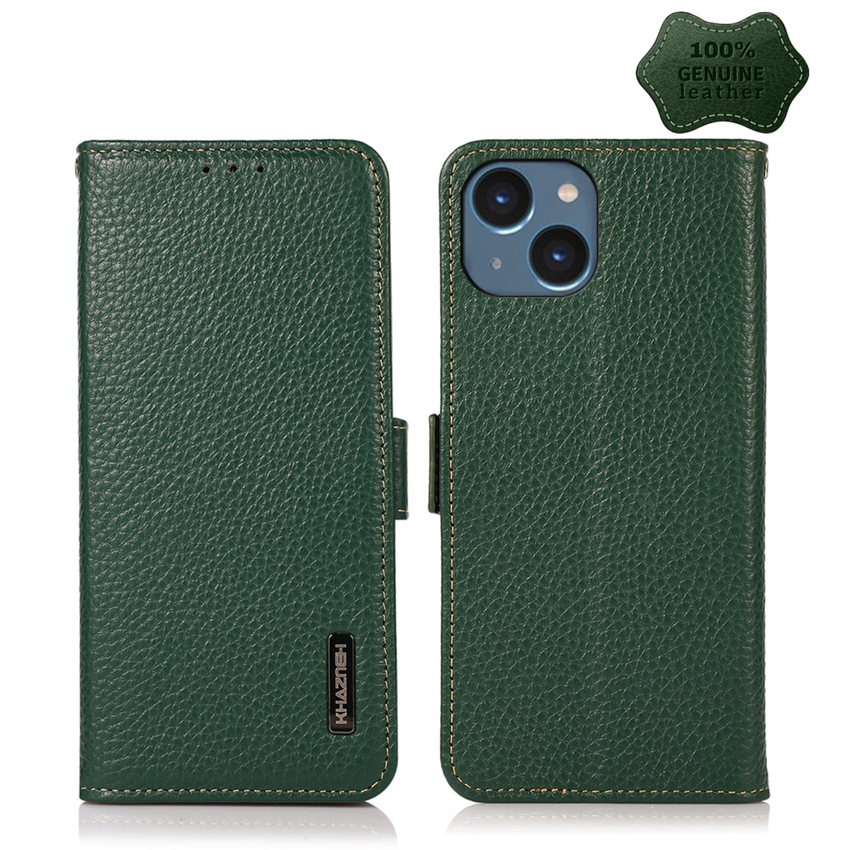 ELECTROPRIME For iPhone 15 Plus KHAZNEH Side-Magnetic Litchi Genuine Leather RFID Phone Case(Green)