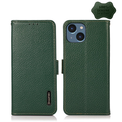 ELECTROPRIME For iPhone 15 Plus KHAZNEH Side-Magnetic Litchi Genuine Leather RFID Phone Case(Green)