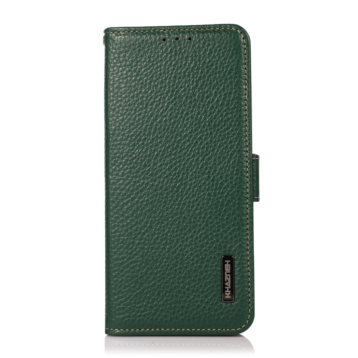 ELECTROPRIME For iPhone 15 Plus KHAZNEH Side-Magnetic Litchi Genuine Leather RFID Phone Case(Green)